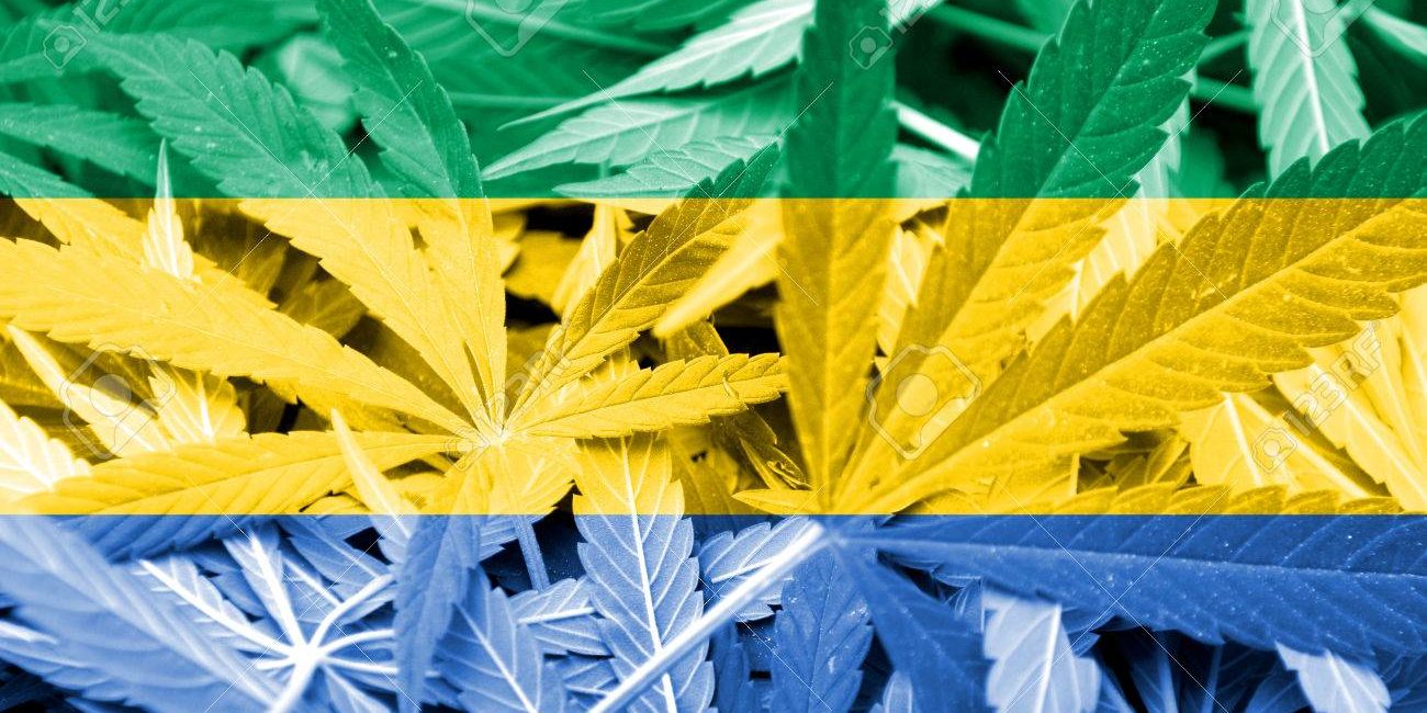 Gabon Flag on cannabis background. Drug policy. Legalization of marijuana