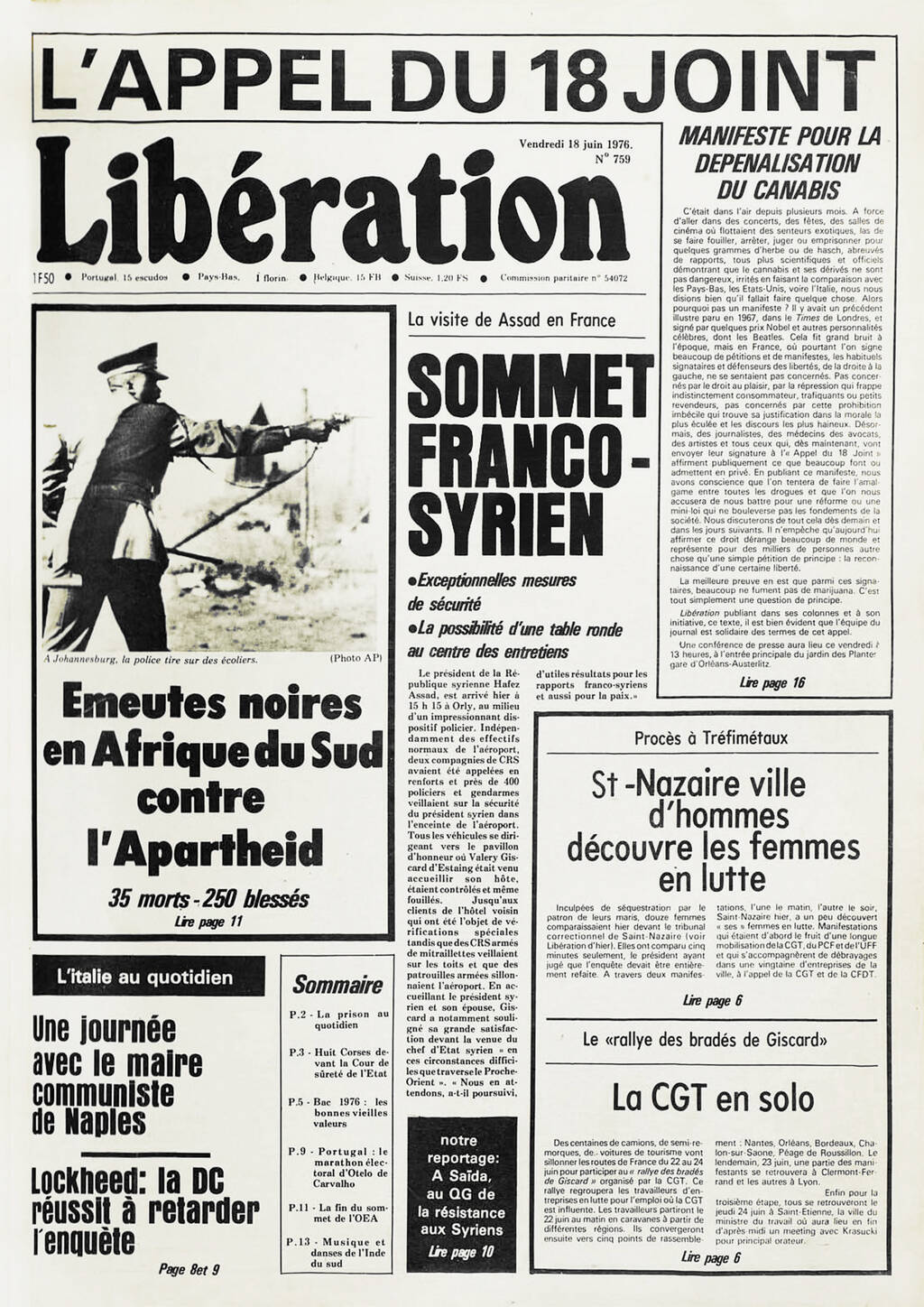 La une de «Libé» du 18 juin 1976